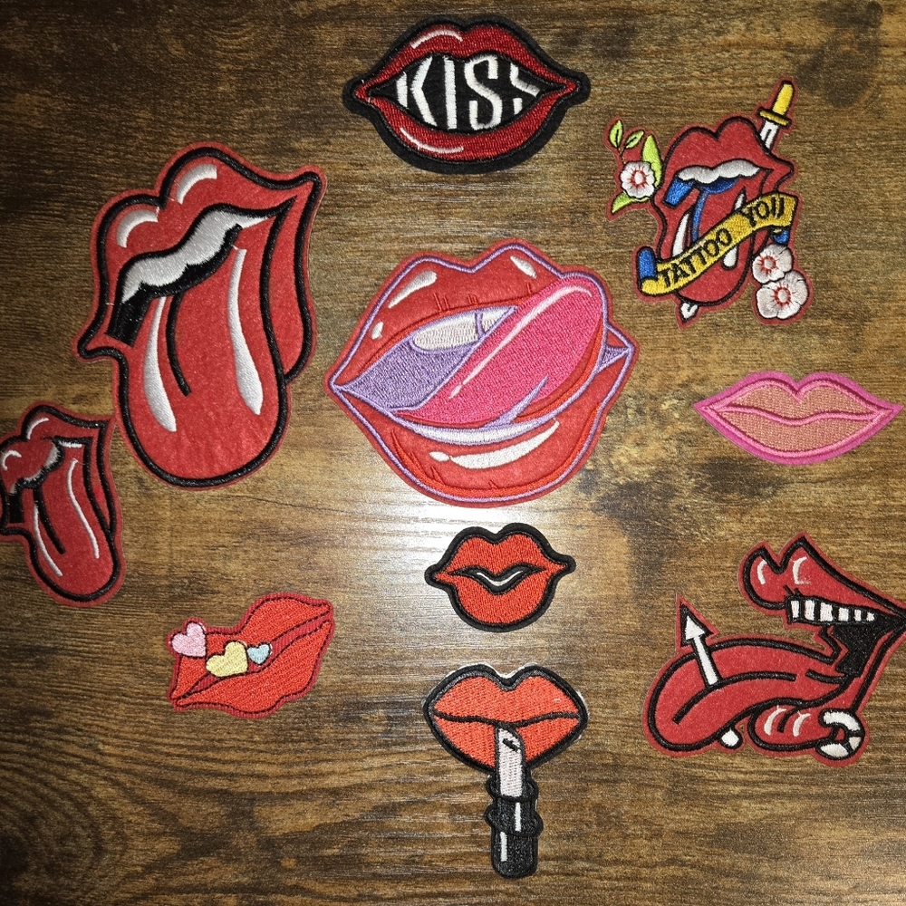 Assorted Variety Iron On Hot Lips and Kiss Embroidered Patches -10 Pack